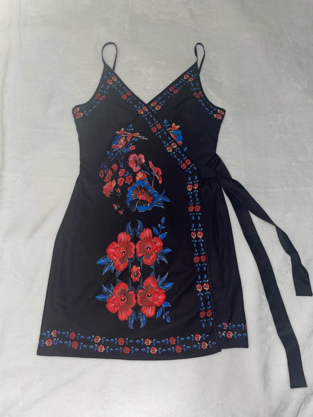 NWOT Black Floral Wrap Dress with Red & Blue Embroidery Tie Up Adjustable Straps